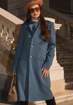 Palton DY Fashion elegant din stofa bleu cu doua randuri de nasturi imagine