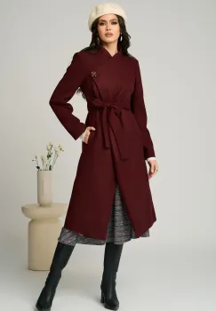 Palton elegant din stofa burgundy cu nasture si cordon in talie imagine