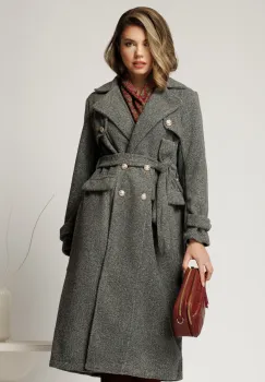 Palton gri din bucle cu nasturi si cordon in talie imagine