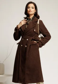 Palton maro din bucle cu nasturi si cordon in talie imagine