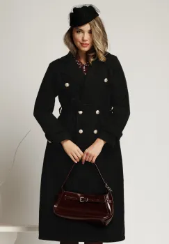 Palton negru din bucle cu nasturi si cordon in talie imagine