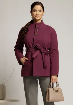 Palton scurt mov din stofa groasa cu cordon in talie imagine