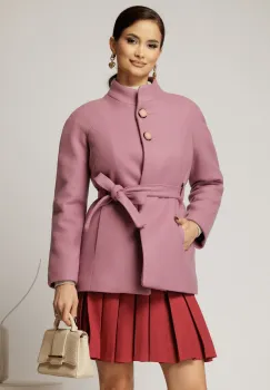 Palton scurt roze din stofa groasa cu cordon in talie imagine
