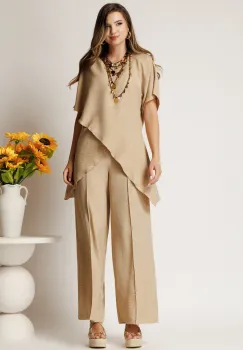 Pantaloni bej din rayon cu croi lejer si elastic in talie imagine