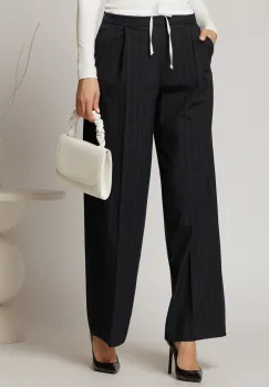 Pantaloni bleumarin cu dungi si insertie alba in talie imagine