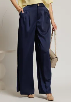 Pantaloni dama bleumarin din satin cu croi larg imagine