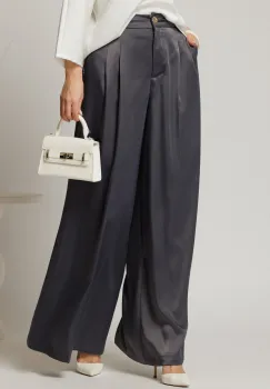 Pantaloni dama gri din satin cu croi larg imagine