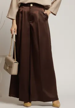 Pantaloni dama maro din satin cu croi larg imagine