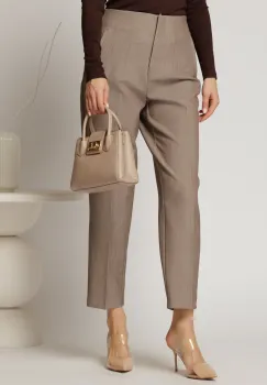 Pantaloni dama maro taupe cu croi conic si pense pe talie imagine