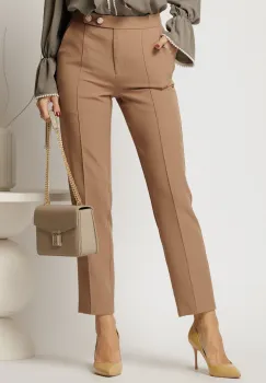Pantaloni DY Fashion bej conici din stofa cu nasturi eleganti imagine