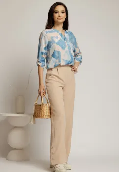 Pantaloni DY Fashion bej croi drept cu nasturi decorativi la tiv imagine