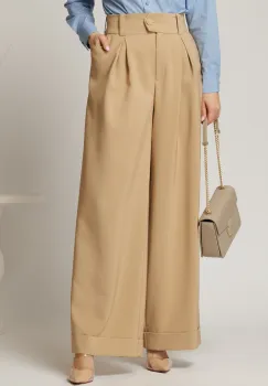 Pantaloni DY Fashion bej cu croi lejer si talie lata imagine