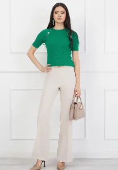 Pantaloni DY Fashion bej evazati cu accesoriu in talie imagine