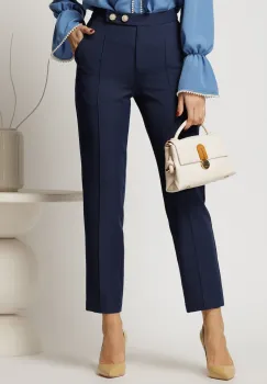 Pantaloni DY Fashion bleumarin conici din stofa cu nasturi eleganti imagine