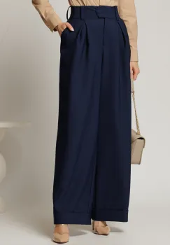 Pantaloni DY Fashion bleumarin cu croi lejer si talie lata imagine