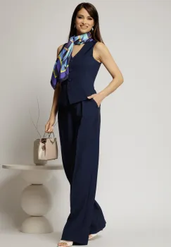 Pantaloni DY Fashion bleumarin cu pliu din talie si banda cu nasture imbracat imagine