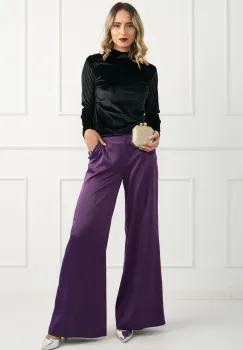 Pantaloni DY Fashion eleganti din satin mov cu croi evazat imagine