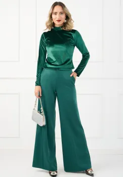 Pantaloni DY Fashion eleganti din satin verzi cu croi evazat imagine