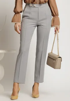 Pantaloni DY Fashion gri conici din stofa cu nasturi eleganti imagine