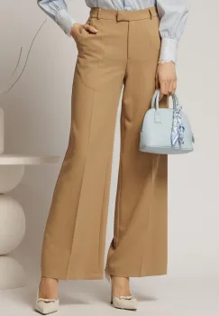 Pantaloni DY Fashion lungi bej din stofa si croi lejer imagine