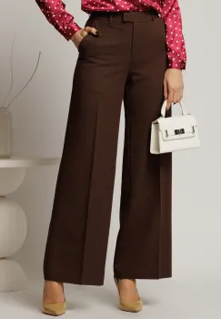 Pantaloni DY Fashion lungi maro din stofa si croi lejer imagine