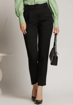 Pantaloni DY Fashion negri cu croi conic si curea in talie imagine