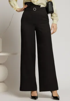 Pantaloni DY Fashion negri cu croi evazat si catarama in talie imagine