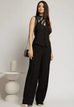 Pantaloni DY Fashion negri cu pliu din talie si banda cu nasture imbracat imagine