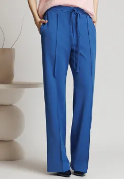 Pantaloni DY Fashion office din stofa albastri cu snur in talie imagine