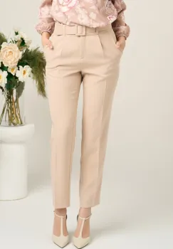 Pantaloni DY Fashion office din stofa bej cu buzunare si curea in talie imagine