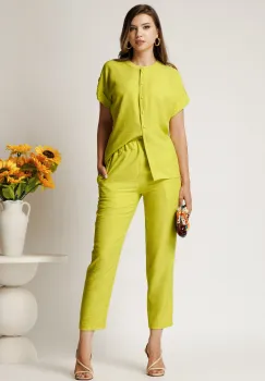 Pantaloni DY Fashion verde lime din material vaporos cu elastic in talie si buzunare imagine