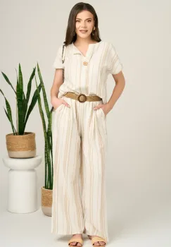 Pantaloni lejeri ivory cu dungi bej si curea in talie imagine