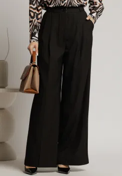 Pantaloni negri lungi cu croi lejer si pense din talie imagine