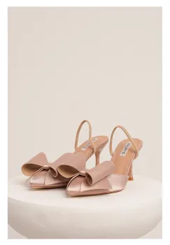 Pantofi bej eleganti din satin cu funda maxi imagine