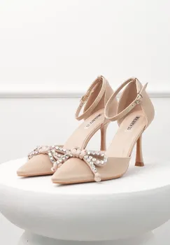 Pantofi eleganti bej din material satinat cu funda si strasuri imagine