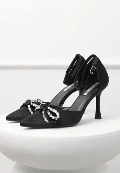 Pantofi eleganti negri din material satinat cu funda si strasuri imagine