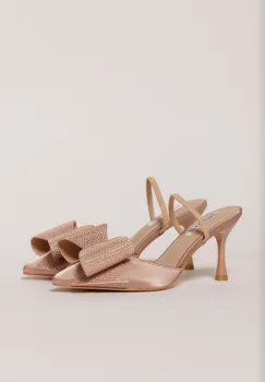 Pantofi rose din material satinat cu funda maxi stralucitoare imagine