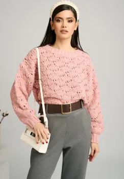 Pulover casual din tricot roz cu perle imagine