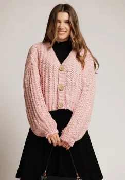 Pulover scurt roz tricotat lejer imagine