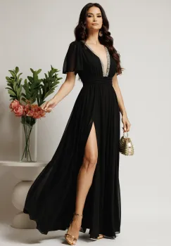 Rochei DY Fashion lunga neagra din voal in clos cu strasuri si tull la decolteu imagine