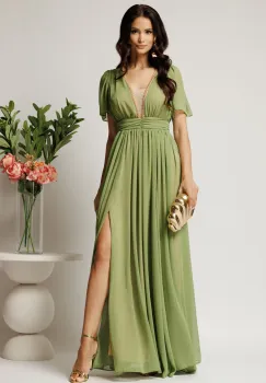 Rochei DY Fashion lunga verde fistic din voal in clos cu strasuri si tull la decolteu imagine