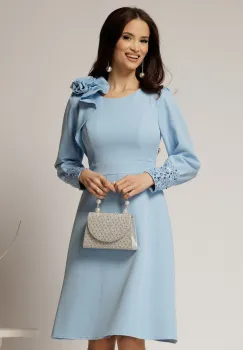 Rochia DY Fashion bleu cu mansete din paiete si funda ampla pe umar imagine