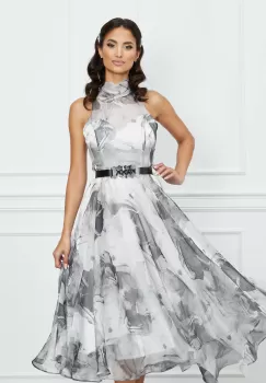 Rochie Adina gri din organza cu imprimeuri imagine