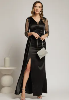 Rochie Alora lunga eleganta din tafta neagra cu pietre pe maneci imagine