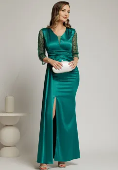 Rochie Alora lunga eleganta din tafta verde cu pietre pe maneci imagine