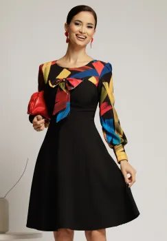 Rochie Andrada din stofa neagra cu funda si imprimeu colorat imagine