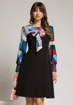 Rochie Andrada din stofa neagra cu funda si imprimeu colorat albastru imagine