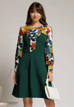 Rochie Andrada din stofa verde cu funda si imprimeu colorat imagine