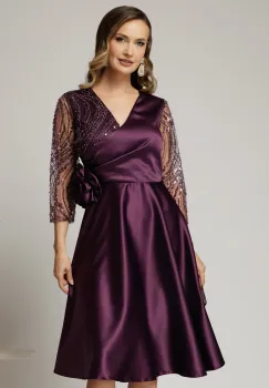 Rochie Azaleea midi mov din tafta cu paiete la bust si funda maxi in talie imagine