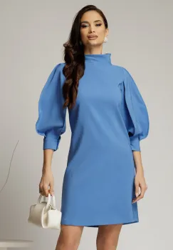 Rochie bleu cu maneci bufante si guler maxi imagine